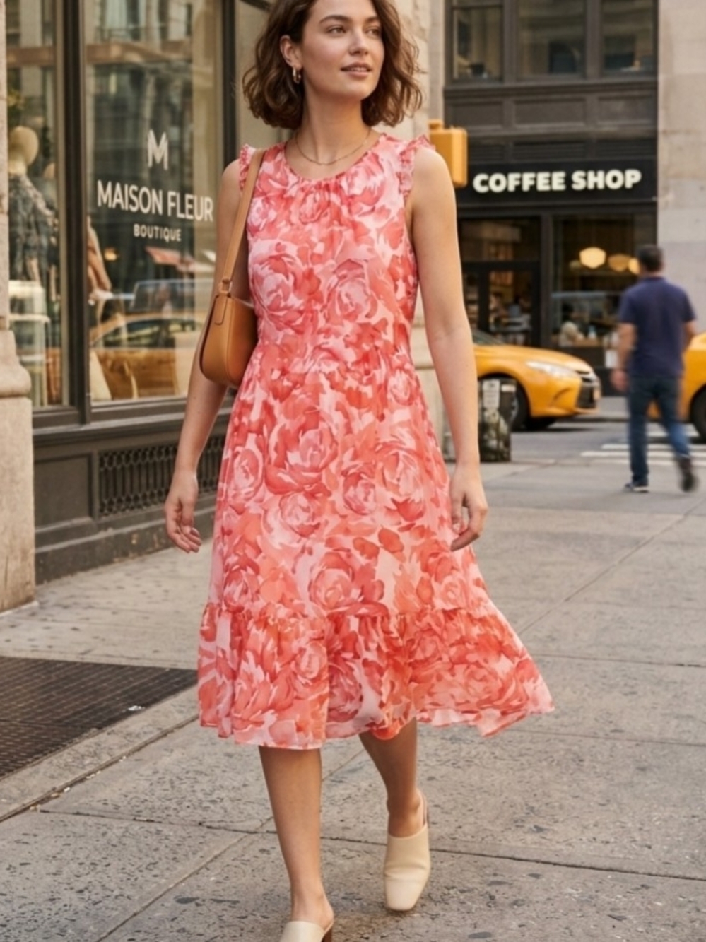 Calvin Klein Sleeveless Coral Floral Print Fit & Flare Midi Dress Size 12